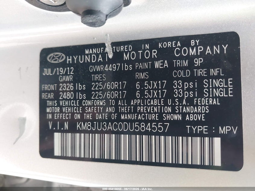 2013 Hyundai Tucson VIN KM8JU3AC0DU584557 IAAI salvage auction — NORMAL WEAR, Clear (Indiana), sold $1,425 on 2026-07-22 (photo 9)