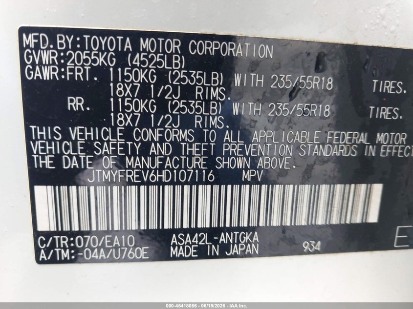 2017 Toyota Rav 4 VIN JTMYFREV6HD107116 IAAI salvage auction — REAR END, Salvage (South Carolina), sold $6,100 on 2026-07-23 (photo 9)