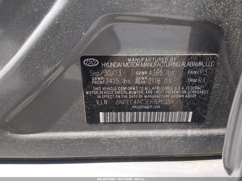 2014 Hyundai Sonata VIN 5NPEC4AC3EH820354 IAAI salvage auction — NORMAL WEAR, Salvage (Texas), sold $575 on 2026-07-30 (photo 9)
