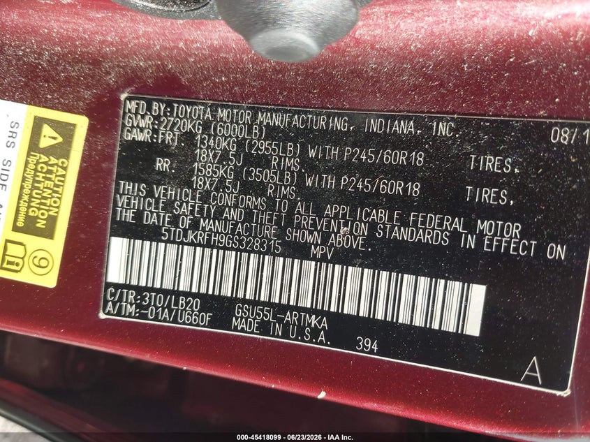 2016 Toyota Highlander VIN 5TDJKRFH9GS328315 IAAI salvage auction — FRONT & REAR, Salvage (Indiana), sold $6,400 on 2026-07-15 (photo 9)