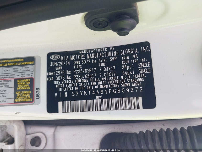 2015 Kia Sorento VIN 5XYKT4A61FG609272 IAAI salvage auction — NORMAL WEAR, Original (Texas), sold $1,525 on 2026-07-08 (photo 9)