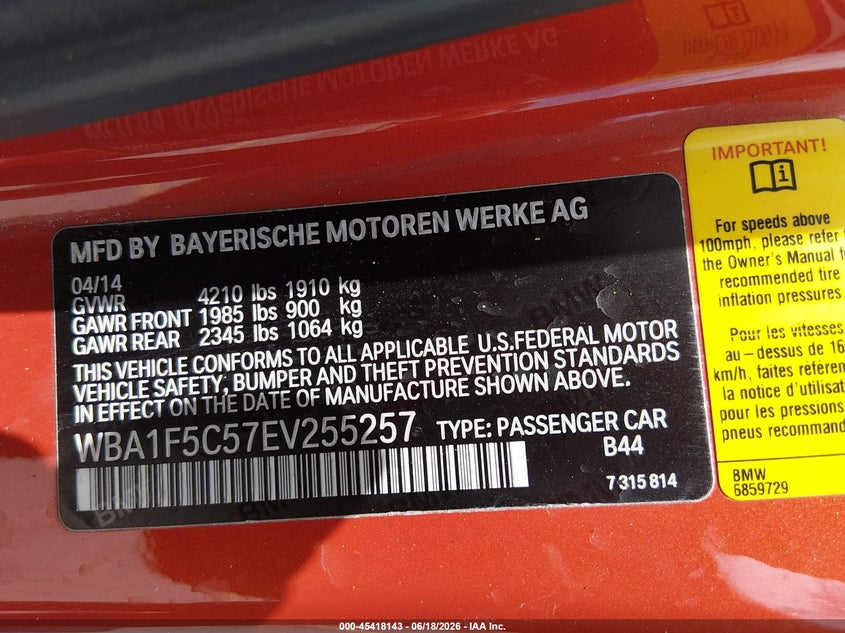 2014 BMW 2er VIN WBA1F5C57EV255257 IAAI salvage auction — FRONT END, Salvage (Idaho), sold $1,775 on 2026-07-08 (photo 9)