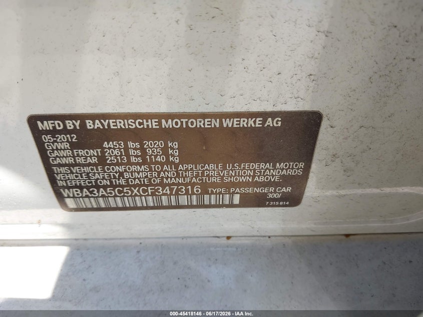 2012 BMW 3 series VIN WBA3A5C5XCF347316 IAAI salvage auction — NORMAL WEAR, Clear (Virginia), sold $1,900 on 2026-07-10 (photo 9)