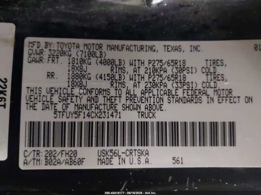 2012 Toyota Tundra VIN 5TFUY5F14CX231471 IAAI salvage auction — NORMAL WEAR, Original (Maine), sold $3,650 on 2026-07-20 (photo 9)