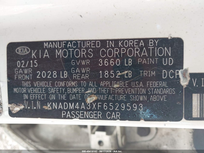 2015 Kia Rio VIN KNADM4A3XF6529593 IAAI salvage auction — FRONT END, Salvage (Alabama), sold $625 on 2026-07-08 (photo 9)