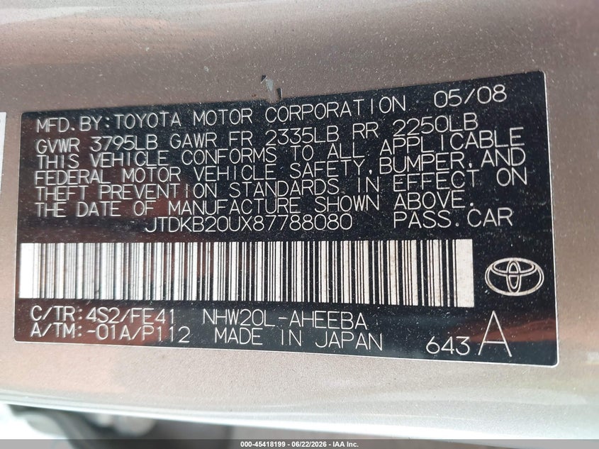 2008 Toyota Prius VIN JTDKB20UX87788080 IAAI salvage auction — NORMAL WEAR, Clear (Pennsylvania), sold $350 on 2026-07-17 (photo 9)