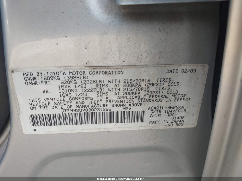 2003 Toyota Rav4 VIN JTEHH20V030231399 IAAI salvage auction — FRONT END, Clear (Virginia), sold $700 on 2026-07-09 (photo 9)