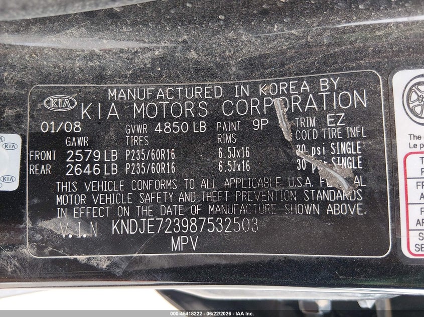 2008 Kia Sportage VIN KNDJE723987532503 IAAI salvage auction — RIGHT FRONT, Salvage (Kansas), sold $875 on 2026-07-31 (photo 9)