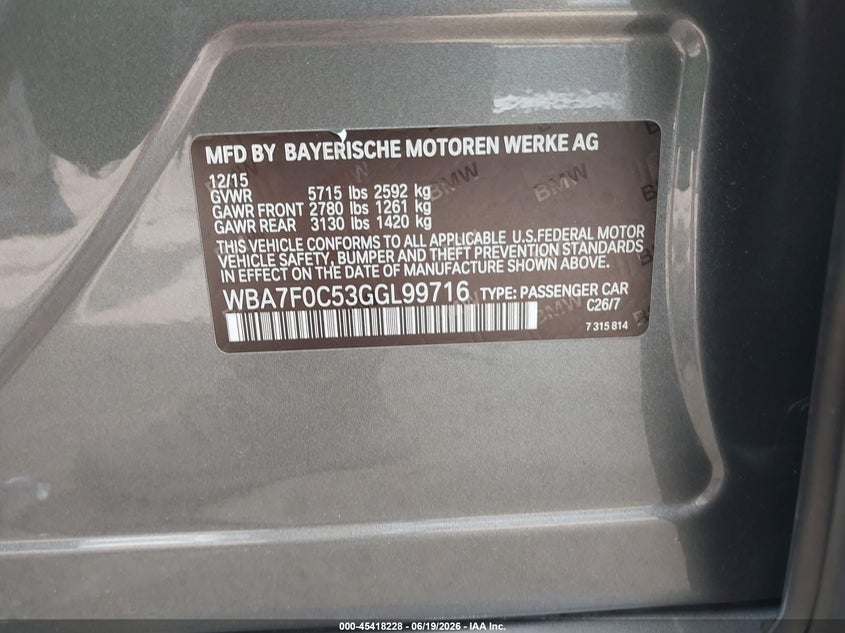 2016 BMW 7er VIN WBA7F0C53GGL99716 IAAI salvage auction — FRONT END, Original (Texas), sold $6,700 on 2026-07-17 (photo 9)