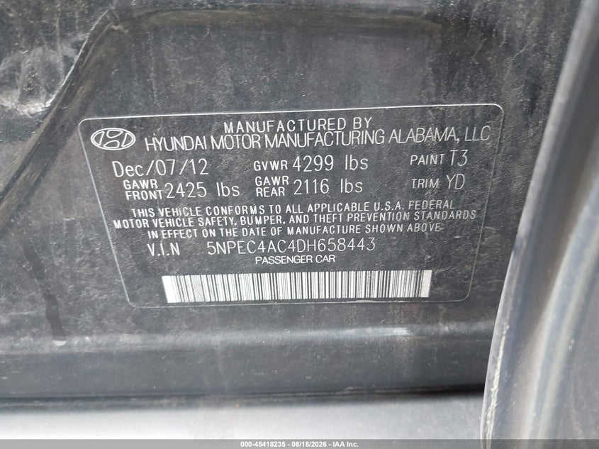 2013 Hyundai Sonata VIN 5NPEC4AC4DH658443 IAAI salvage auction — REAR END, Salvage (Ohio), sold $375 on 2026-07-08 (photo 9)