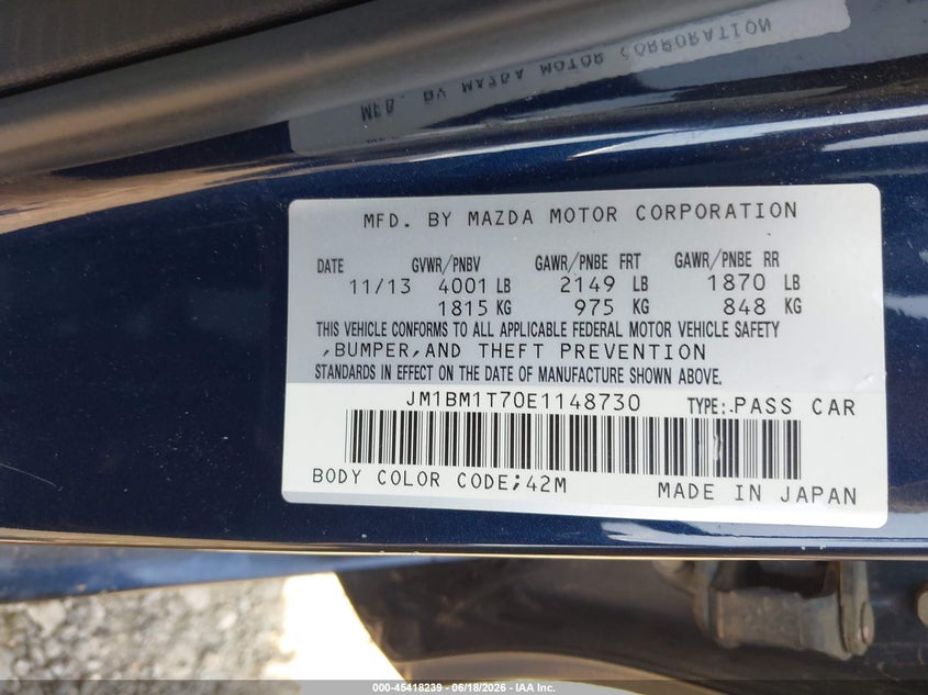 2014 Mazda 3 VIN JM1BM1T70E1148730 IAAI salvage auction — LEFT REAR, Original (Texas), sold $50 on 2026-07-21 (photo 9)