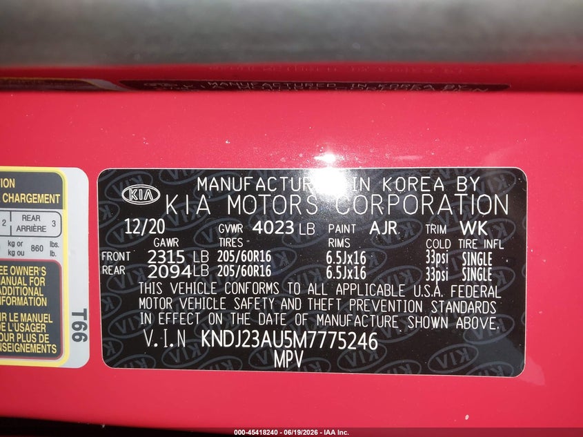2021 Kia Soul VIN KNDJ23AU5M7775246 IAAI salvage auction — FRONT & REAR, Salvage (Texas), sold $2,200 on 2026-07-14 (photo 9)