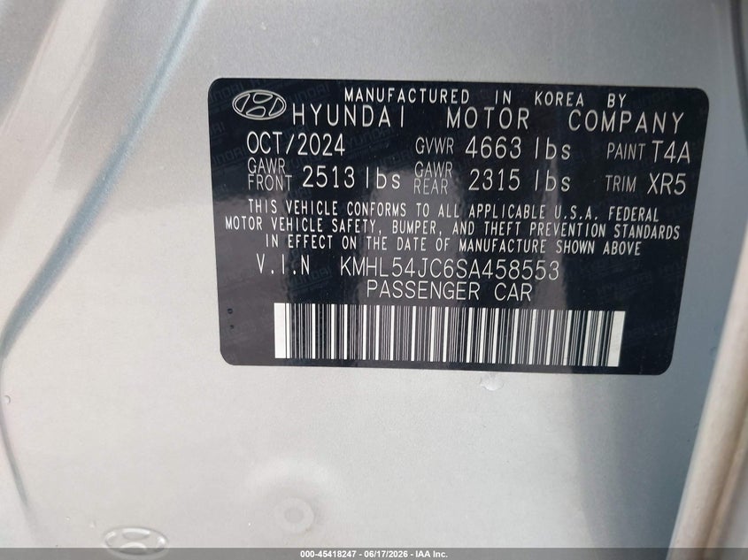 2025 Hyundai Sonata VIN KMHL54JC6SA458553 IAAI salvage auction — FRONT END, Junk Bill Of Sale Mv2459 (Wisconsin), sold $25 on 2026-07-31 (photo 9)