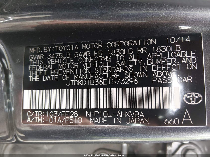2014 Toyota Prius c VIN JTDKDTB36E1573296 IAAI salvage auction — FRONT END, Clear (Massachusetts), sold $225 on 2026-07-28 (photo 9)