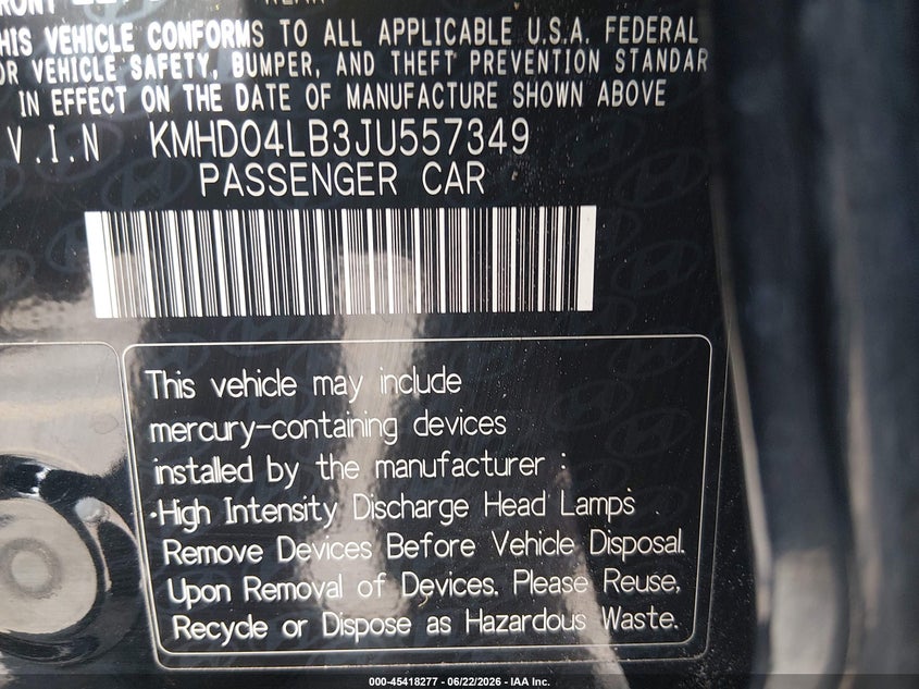 2018 Hyundai Elantra VIN KMHD04LB3JU557349 IAAI salvage auction — FRONT END, Salvage (South Carolina), sold $1,550 on 2026-07-15 (photo 9)