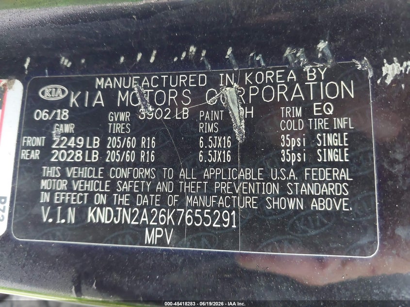 2019 Kia Soul VIN KNDJN2A26K7655291 IAAI salvage auction — FRONT & REAR, Salvage (Texas), sold $1,100 on 2026-07-15 (photo 9)