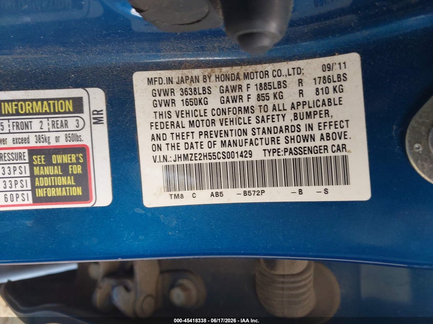 2012 Honda Insight VIN JHMZE2H55CS001429 IAAI salvage auction — NORMAL WEAR, Clear (Arkansas), sold $575 on 2026-07-15 (photo 9)