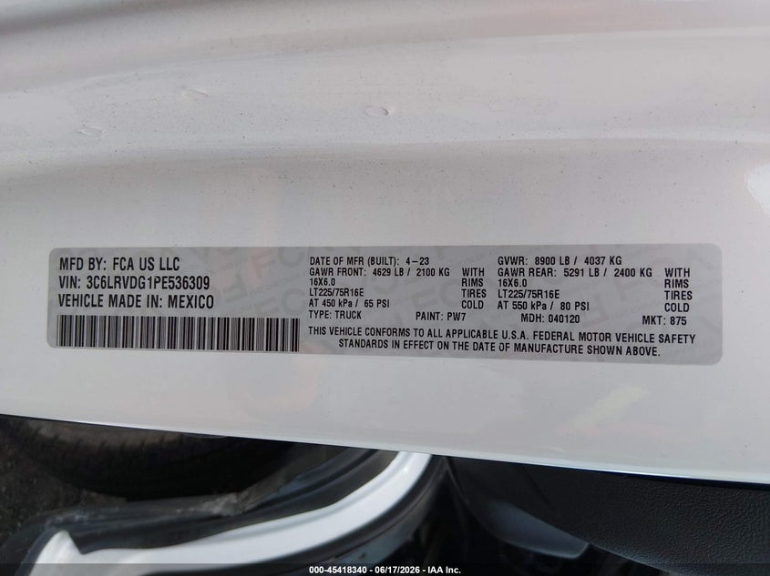2023 Ram Promaster 2500 VIN 3C6LRVDG1PE536309 IAAI salvage auction — NORMAL WEAR, Clear (Maryland), sold $9,875 on 2026-07-24 (photo 9)
