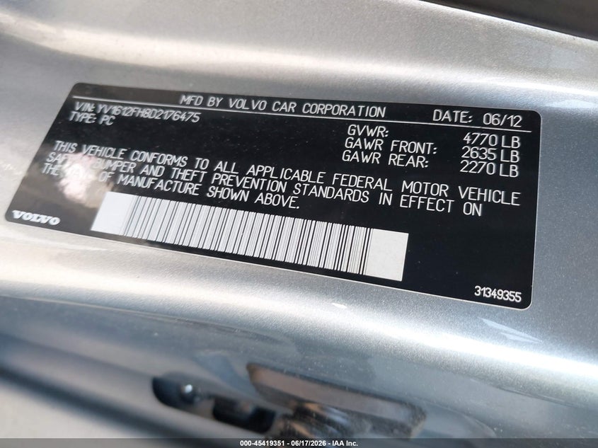 2013 Volvo S60 VIN YV1612FH8D2176475 IAAI salvage auction — NORMAL WEAR, Clear (New York), sold $450 on 2026-07-21 (photo 9)