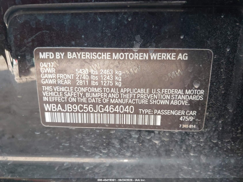 2018 BMW 5er VIN WBAJB9C56JG464040 IAAI salvage auction — LEFT FRONT, Salvage (Alabama), sold $6,950 on 2026-07-15 (photo 9)