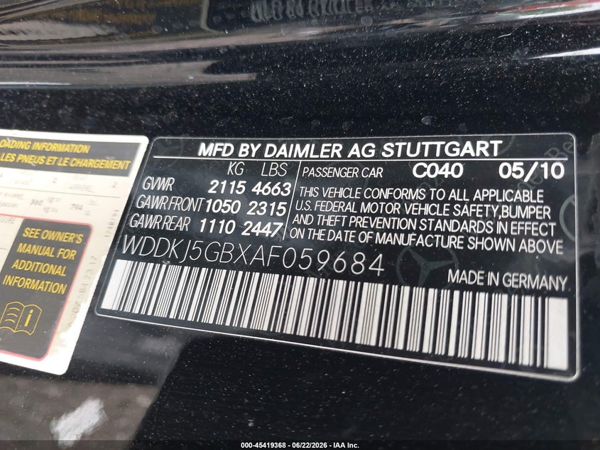 2010 Mercedes-benz E-klasse VIN WDDKJ5GBXAF059684 IAAI salvage auction — FRONT END, Salvage (New Jersey), sold $1,125 on 2026-08-17 (photo 9)