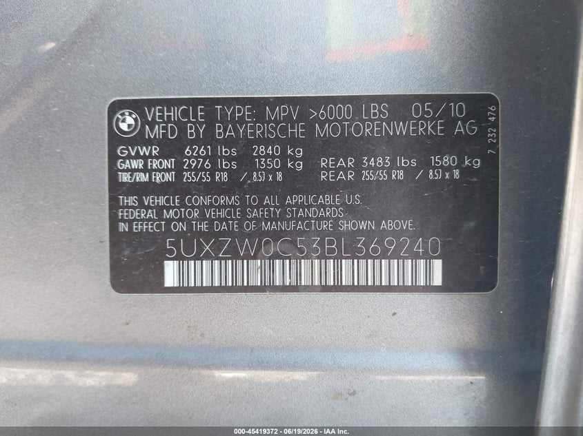 2011 BMW X5 VIN 5UXZW0C53BL369240 IAAI salvage auction — FRONT & REAR, Bill Of Sale (Washington), sold $725 on 2026-07-22 (photo 9)