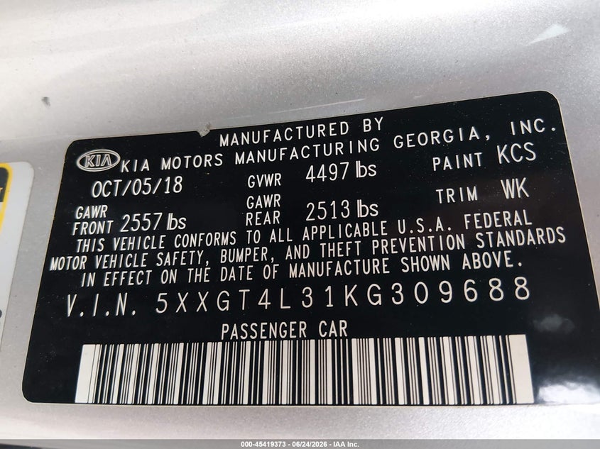 2019 Kia Optima VIN 5XXGT4L31KG309688 IAAI salvage auction — FRONT END, Salvage (Arkansas), sold $2,500 on 2026-07-29 (photo 9)