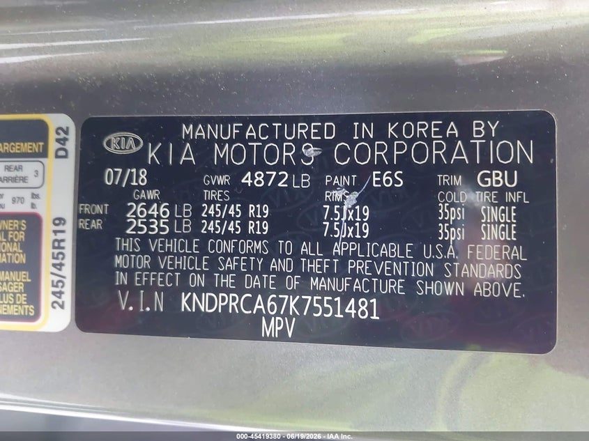 2019 Kia Sportage VIN KNDPRCA67K7551481 IAAI salvage auction — FRONT END, Salvage Title, sold $2,050 on 2026-08-23 (photo 9)