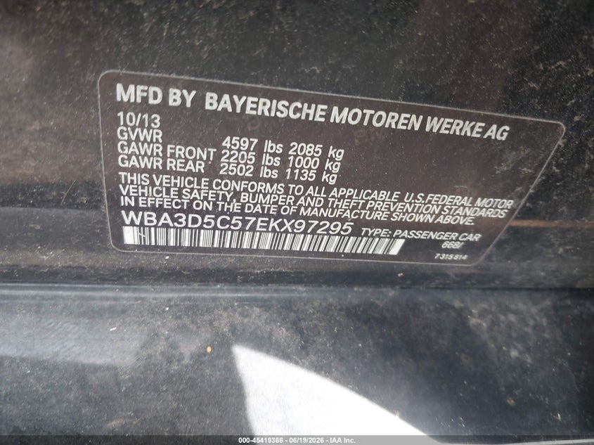 2014 BMW 3er VIN WBA3D5C57EKX97295 IAAI salvage auction — FRONT END, Mv-907A (New York), sold $1,100 on 2026-07-07 (photo 9)
