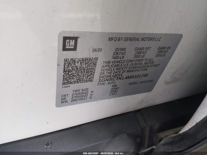 2021 Chevrolet Tahoe VIN 1GNSCTKL4MR101785 IAAI salvage auction — REAR END, Salvage (Mississippi), sold $15,200 on 2026-08-01 (photo 9)