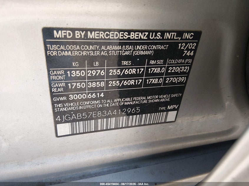 2003 Mercedes-benz M-klasse VIN 4JGAB57E83A412965 IAAI salvage auction — REAR END, Certificate Of Title (Nebraska), sold $875 on 2026-07-09 (photo 9)