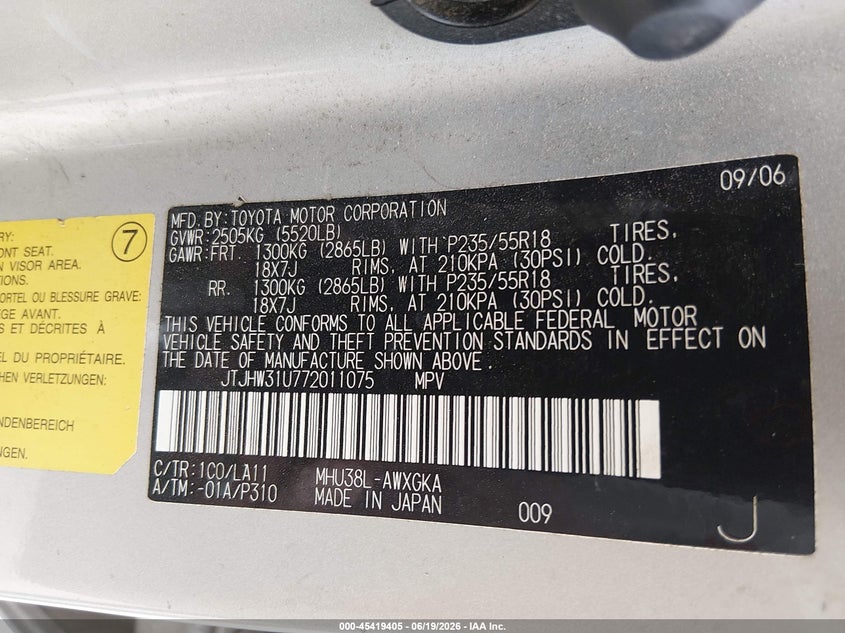 2007 Lexus Rx 400h VIN JTJHW31U772011075 IAAI salvage auction — NORMAL WEAR, Original (Texas), sold $925 on 2026-07-20 (photo 9)