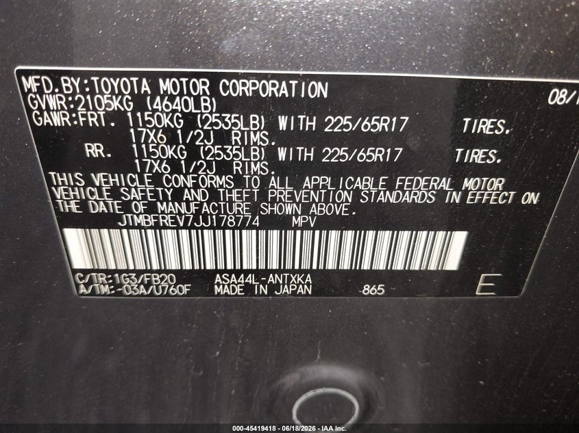 2018 Toyota Rav 4 VIN JTMBFREV7JJ178774 IAAI salvage auction — FRONT END, Salvage (New Jersey), sold $3,050 on 2026-07-29 (photo 9)