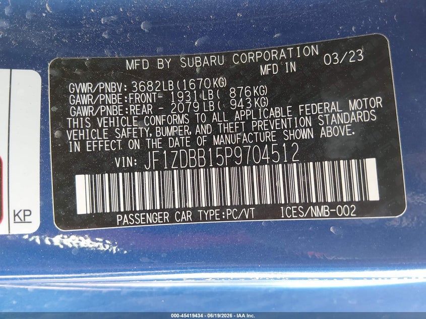 2023 Subaru Brz VIN JF1ZDBB15P9704512 IAAI salvage auction — REAR END, Salvage Title, sold $10,950 on 2026-08-19 (photo 9)