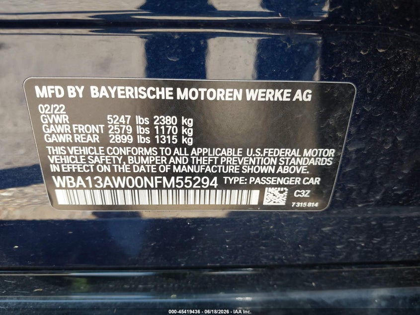 2022 BMW 4er VIN WBA13AW00NFM55294 IAAI salvage auction — FRONT END, Salvage Title, sold $9,400 on 2026-08-16 (photo 9)