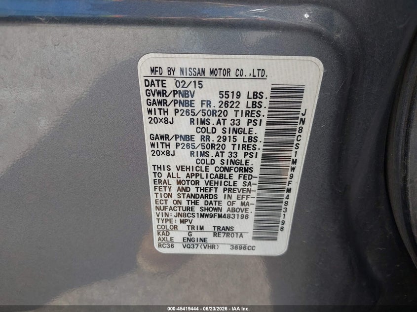 2015 Infiniti Qx70 VIN JN8CS1MW9FM483196 IAAI salvage auction — FRONT END, Salvage (Indiana), sold $225 on 2026-07-23 (photo 9)