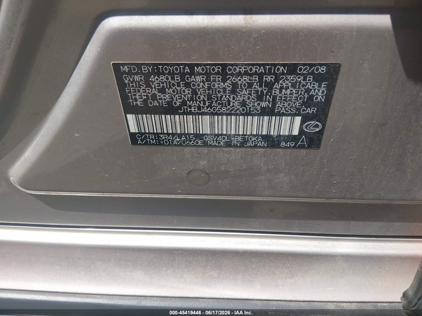 2008 Lexus ES VIN JTHBJ46G582220153 IAAI salvage auction — NORMAL WEAR, Clear (Rhode Island), sold $1,000 on 2026-07-14 (photo 9)