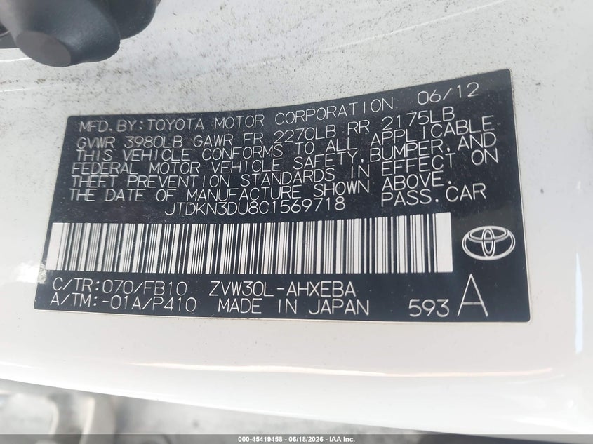 2012 Toyota Prius VIN JTDKN3DU8C1569718 IAAI salvage auction — LEFT FRONT, Salvage Title, sold $1,400 on 2026-07-23 (photo 9)