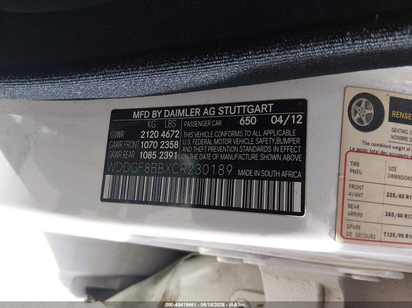2012 Mercedes-benz C-klasse VIN WDDGF8BBXCR230189 IAAI salvage auction — FRONT END, Bill Of Sale (Colorado), sold $800 on 2026-07-28 (photo 9)