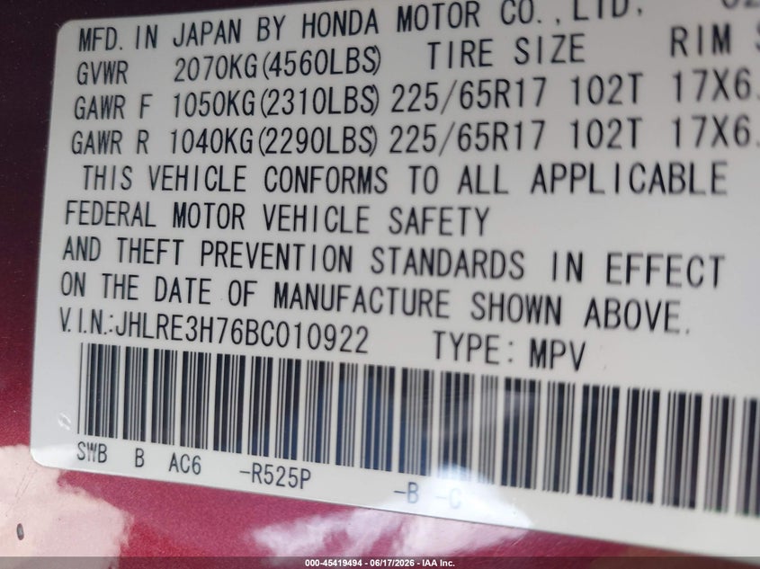 2011 Honda Cr-v VIN JHLRE3H76BC010922 IAAI salvage auction — FRONT END, Salvage (California), sold $3,700 on 2026-07-29 (photo 9)