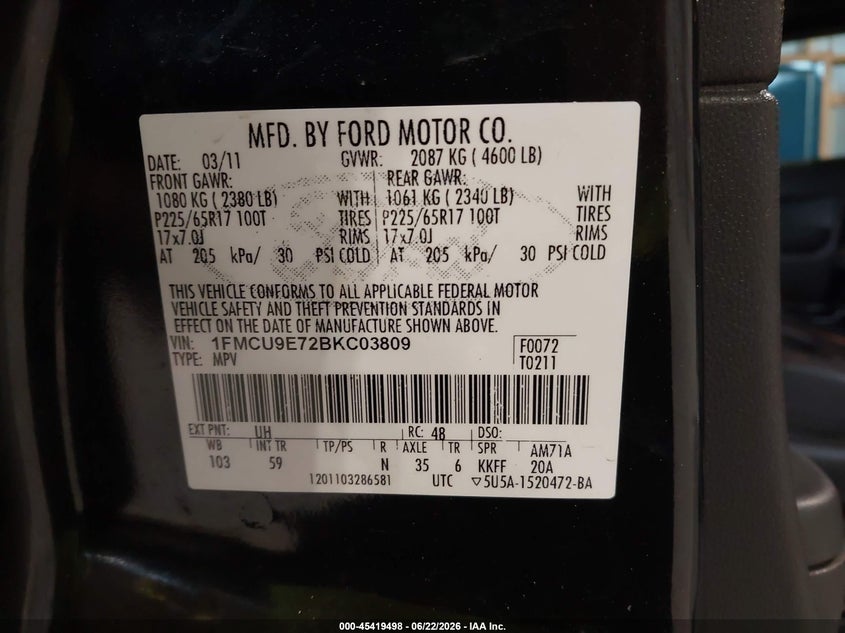 2011 Ford Escape VIN 1FMCU9E72BKC03809 IAAI salvage auction — FRONT END, Salvage (Pennsylvania), sold $400 on 2026-07-31 (photo 9)