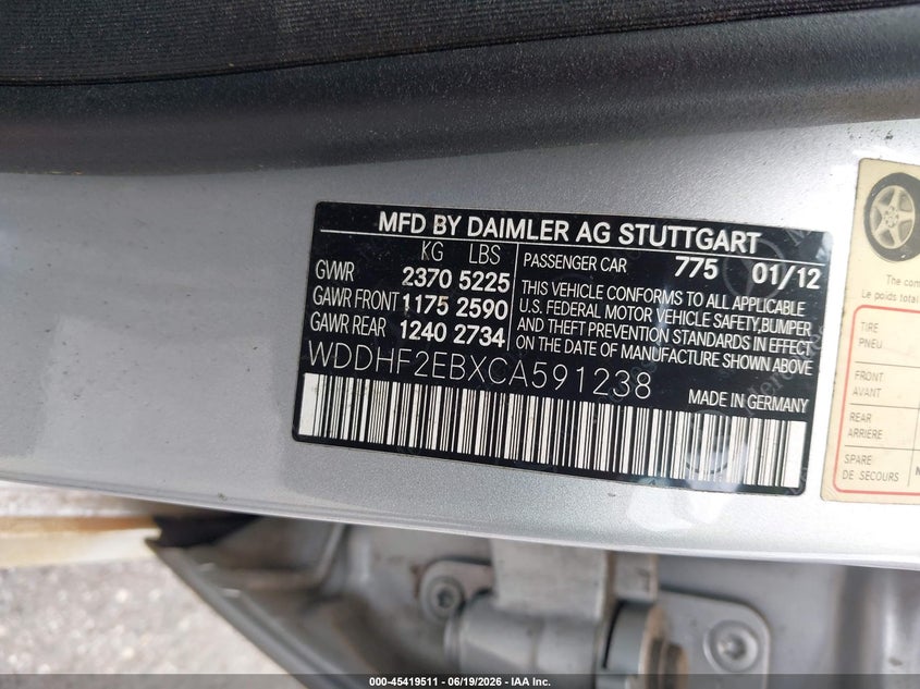 2012 Mercedes-benz VIN WDDHF2EBXCA591238 IAAI salvage auction — REPOSSESSION, Nrc Lienholder Repossession Paperwork (Georgia), sold $475 on 2026-08-11 (photo 9)