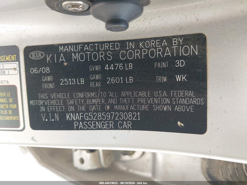 2009 Kia Rondo VIN KNAFG528597230821 IAAI salvage auction — FRONT END, Salvage (Louisiana), sold $625 on 2026-07-08 (photo 9)