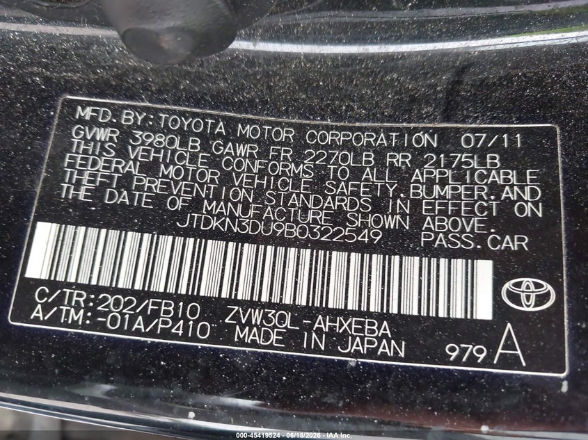 2011 Toyota Prius VIN JTDKN3DU9B0322549 IAAI salvage auction — FRONT & REAR, Salvage (New Jersey), sold $225 on 2026-07-28 (photo 9)