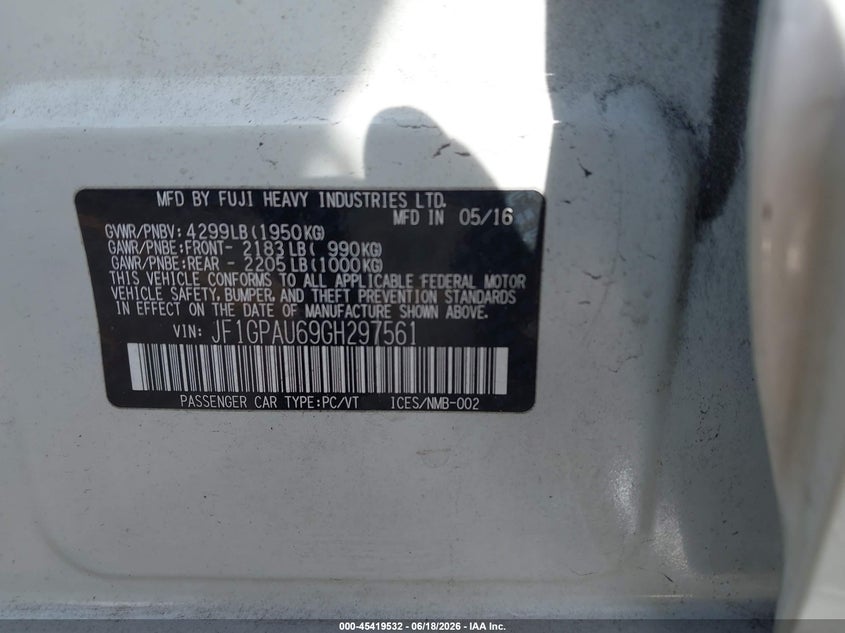 2016 Subaru Impreza VIN JF1GPAU69GH297561 IAAI salvage auction — FRONT END, Rebuildable (Florida), sold $450 on 2026-07-20 (photo 9)