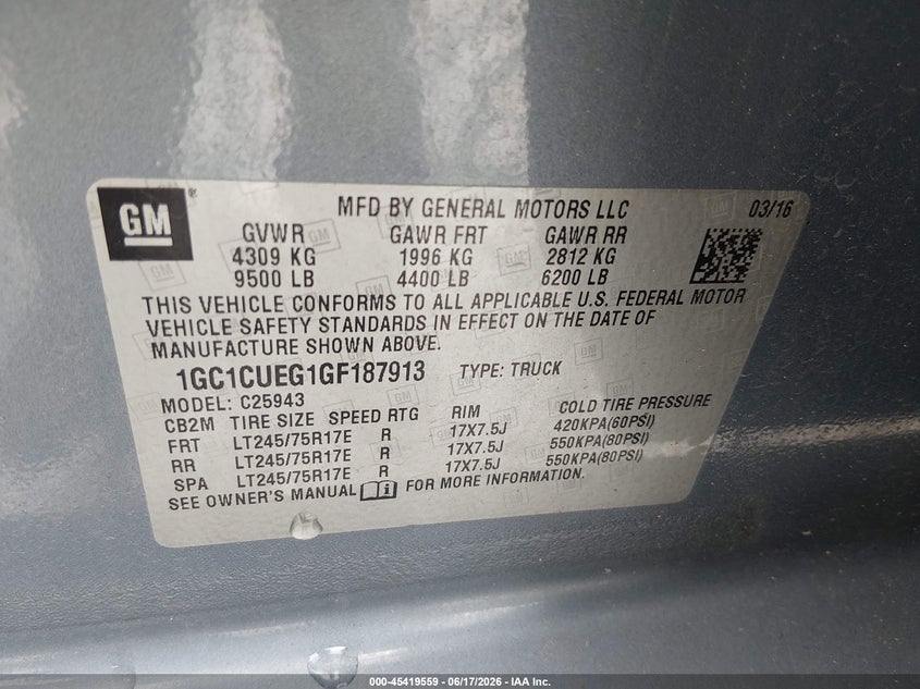 2016 Chevrolet Silverado 2500 VIN 1GC1CUEG1GF187913 IAAI salvage auction — NORMAL WEAR, Sf97 (Georgia), sold $12,050 on 2026-09-09 (photo 9)