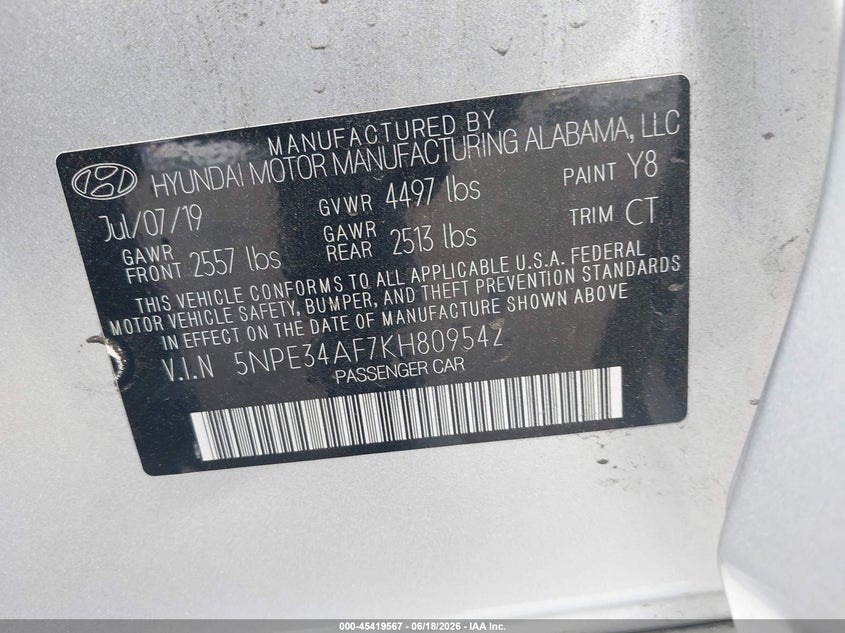 2019 Hyundai Sonata VIN 5NPE34AF7KH809542 IAAI salvage auction — FRONT END, Salvage Title, sold $1,850 on 2026-07-19 (photo 9)