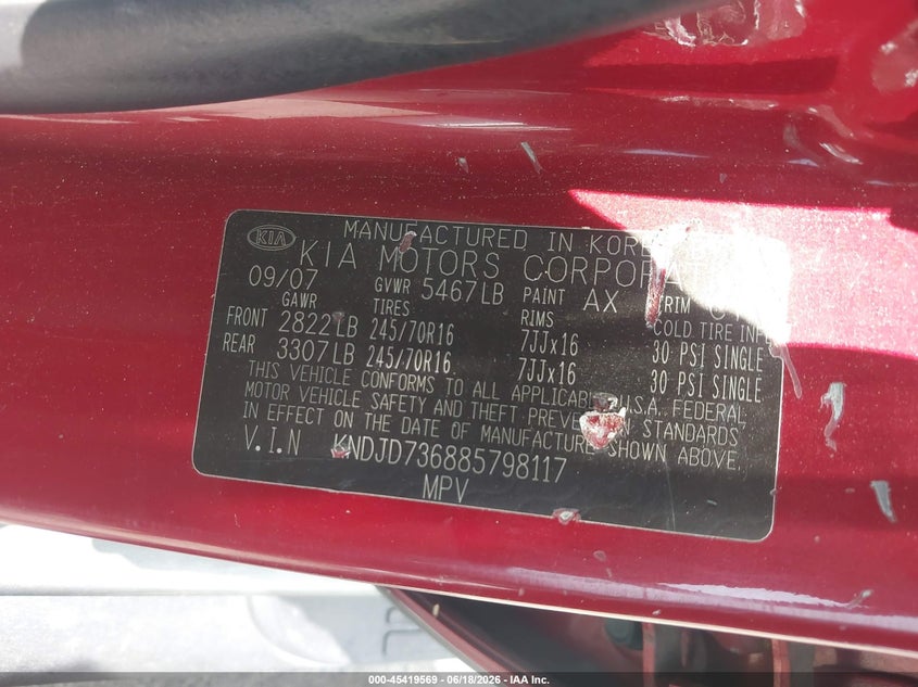 2008 Kia Sorento VIN KNDJD736885798117 IAAI salvage auction — FRONT END, Salvage (California), sold $425 on 2026-07-07 (photo 9)