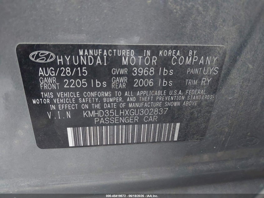 2016 Hyundai Elantra VIN KMHD35LHXGU302837 IAAI salvage auction — LEFT SIDE, Salvage (Tennessee), sold $225 on 2026-07-16 (photo 9)