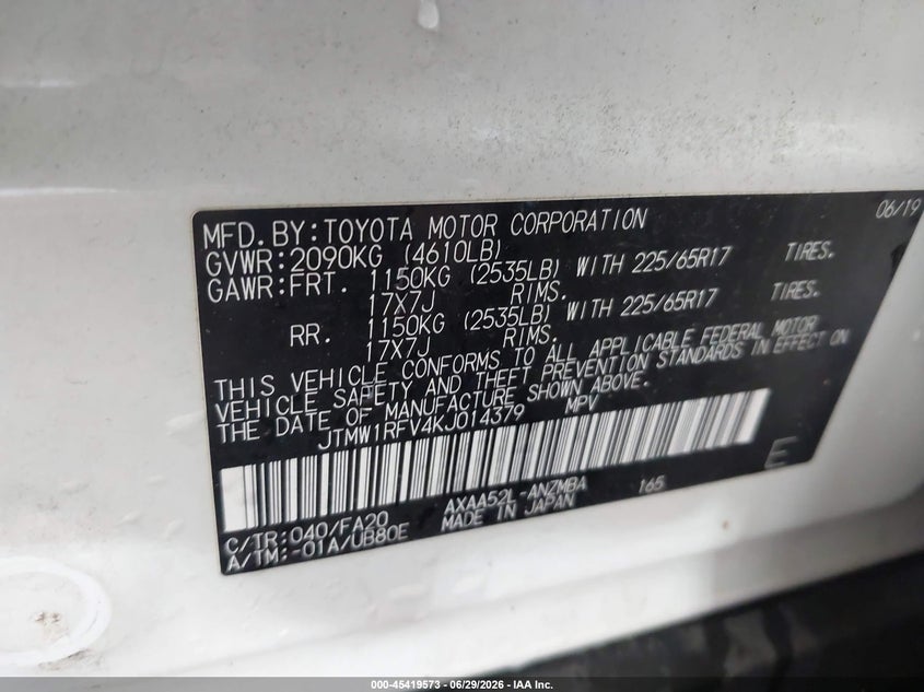 2019 Toyota Rav 4 VIN JTMW1RFV4KJ014379 IAAI salvage auction — FRONT END, Salvage (Virginia), sold $13,500 on 2026-07-09 (photo 9)